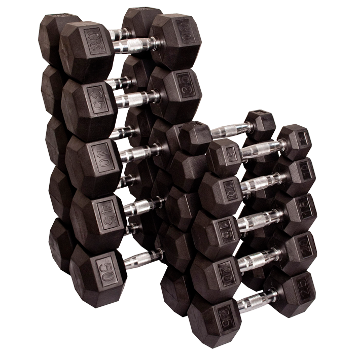 Body-Solid SDRS550 Rubber Coated Hex Dumbbells Sets - 5 to 50 Lb. 1 Body-Solid Rubber Coated Hex Dumbbells Sets - 5 to 50 Lb.